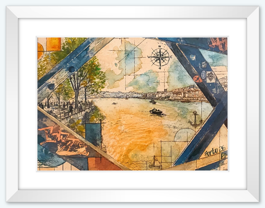 Aquarell Bild als Druck " Porto Blick auf Douro Mündung 26"